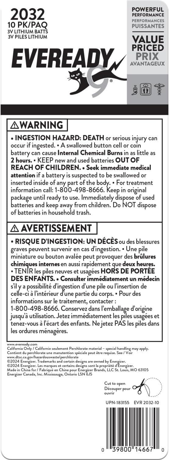 imageEveready 2032 Batteries 10 Pack 3V Lithium Coin Batteries for Watches AirTags Key Fobs and Other Small Electronics